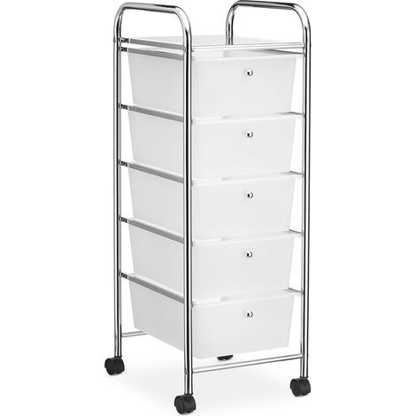 Caisson sur roulettes GINA chariot avec 5 tiroirs en plastique blanc transparent et 1 étagère, rangement salle de bain métal chromé (1/4)