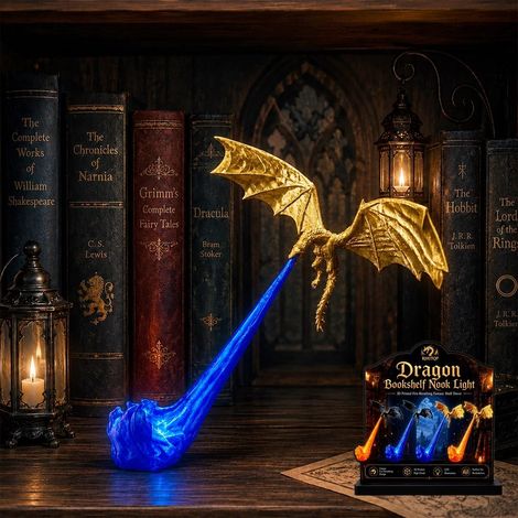 Lampe Dragon pour Bibliothèque, Design Dragon Volant 3D, Flamme Rouge ou Bleue, Décoration Fantasy pour Amateurs de Livres, Or et bleu, Grand (1/5)