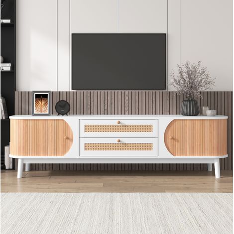 Mueble TV Madera Natural Puertas Y Cajones, Laterales Ratán, Solución Almacenaje (1/5)