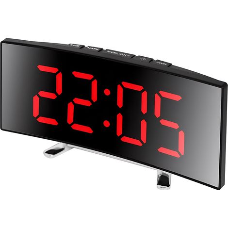 Digitaler Wecker, großes gebogenes LED-Display mit Spiegeloberfläche, Schlummerfunktion, Ladeanschluss, Batteriefach, farbige 12/24-Stunden-Anzeige für Zuhause (1/5)