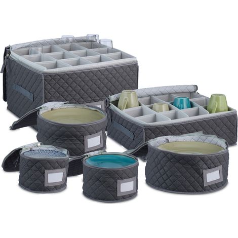 Boîte de rangement pour la vaisselle, set de 6, pour 12 assiettes, verres et tasses, rembourrée, gris (1/5)