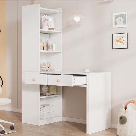 Escritorio para niños con estantería y 2 cajones - 120 x 50 x 170 cm - mesa de estudio y oficina de mdf - blanco con tiradores de cerámica rosa (1/5)