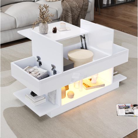 Table basse relevable blanche 98x45x40 cm avec LED, rangements rabattables et niches ouvertes (1/5)