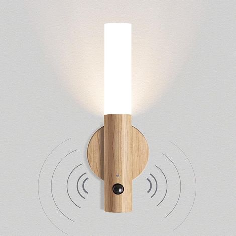 Luminaire Applique Murale Sans Fil Bois Batterie Lampe Murale Détecteur de Mouvement Intérieur à Pile Rechargeable Magnetique Lumière Veilleuse LED Escalier Chambre, Blanc Chaud (1/5)