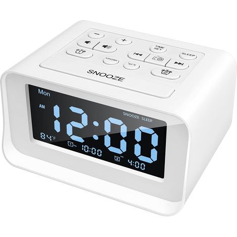Radio-réveil avec double alarme, réveil numérique avec 2 ports de charge USB, intensité variable 0-100 %, minuterie de sommeil FM, 6 sonneries, volume réglable, thermomètre d'ambiance, fonction Snooze (1/2)