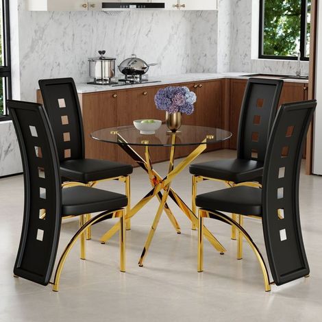 Table et Chaises de Salle à Manger 88 cm verre trempé 4 chaises cuir PU motif géométrique ajouré noir style moderne épuré (1/5)