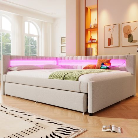 REDOM - Lit gigogne 140x200 cm avec bande LED tactile et App, ports USB et Type-C, lin MDF beige (Sans matelas) (1/5)
