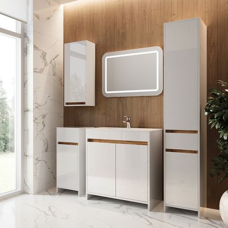 Conjunto de muebles de baño Lemgo, Blanco alto brillo, Lote de 5, Vicco