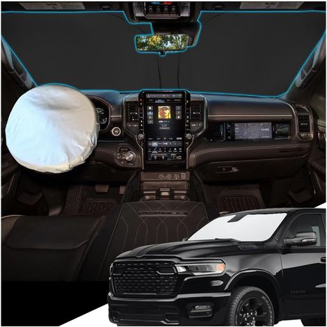 Pare-soleil pour pare-brise avant pour RAM 1500 2018-2025 2026, Pare-soleil pliable 2-en-1 avec housse de volant, Parasol pare-brise en fibre de refroidissement ICE UV Protection contre (1/5)