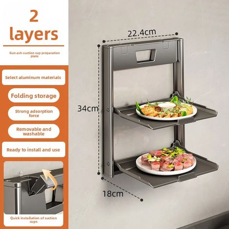 (Gris, deux niveaux - 1 pièce) Égouttoir mural à ventouses multi-niveaux pour la préparation de la vaisselle en cuisine - Étagère de rangement pliable pour un rangement facile (1/5)