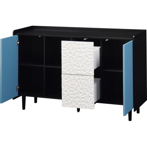 Credenza sideboard nera con ante blu, 2 cassetti, scomparti aperti, 120 x 40 x 80 cm, MDF, MODENUIT (1/5)