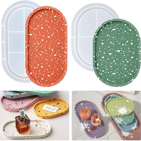 Lot de 2 moules en silicone - Plateau ovale - Dessous de verre - Moule en silicone - Plateau en résine époxy - Dessous de verre ovale - Plateau à thé - Bougies - Bougeoir en béton - Moule en plâtre (1/5)