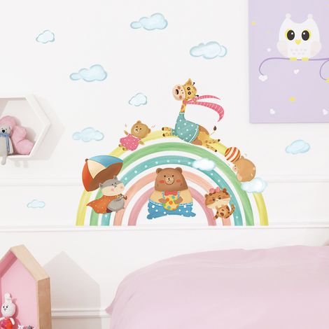 Stickers muraux de décoration de chambre d'enfant - Pont arc-en-ciel animalier, Stickers muraux de dessin animé, Poster d'art mural, Stickers d'art à décoller et à coller pour la décoration d'enfants (1/4)