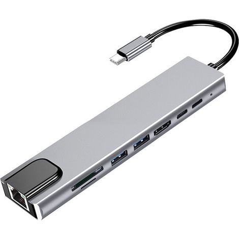 Station d'accueil d'extension 8 en 1 : port USB-C vers HDMI/lecteur de cartes TF/SD, port réseau USB-C, adaptateur réseau 4K (1/5)