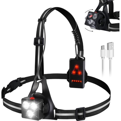 Lumière de course avec rétro-réflecteurs - LED rechargeable USB pour jogging, 500 lumens, 3 modes d'éclairage, IPX6 étanche, Angle de rayonnement réglable à 120°, Lampe de poitrine pour course à pied