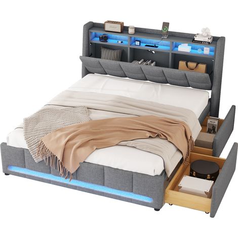 Cama tapizada 140 x 200 cm con LED ambiental controlado por APP, USB en cabecero, 2 cajones, arcón de almacenaje, tela y MDF, gris, sin colchón – CHICFURN (1/5)
