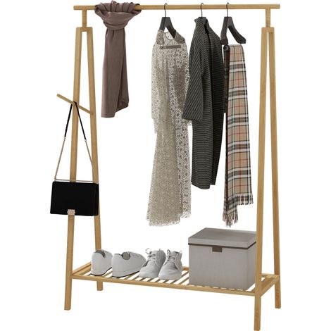 Portant vêtements en bambou avec étagère à chaussures, porte-manteau en bois, dim. 110 x 42 x 152 cm