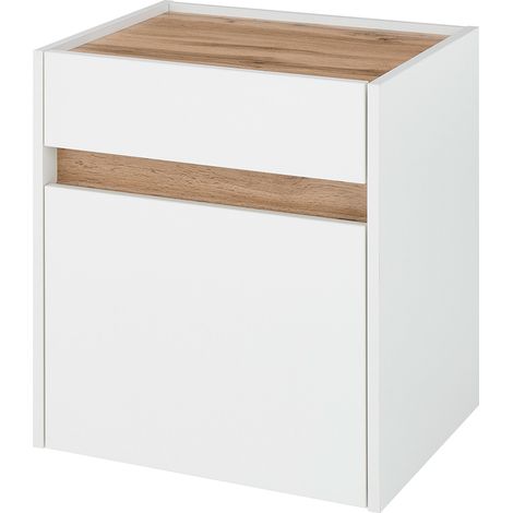 Schlafzimmer-Nachtkommode mit 50cm Breite in Weiß mit Eiche, mit 1 Tür und 1 Schubkasten - CRISP-61 (1/5)