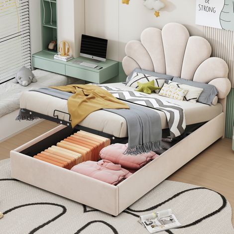 Letto contenitore bambini 90x200 cm con testiera floreale regolabile in altezza e rete a doghe, in velluto beige, materasso non incluso (1/5)