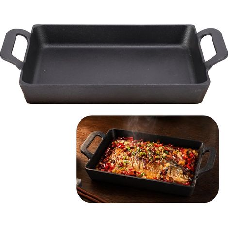 Cast Iron Induction Frying Pan, 24 x 17 cm, Steak Pan for Oven, Gas Barbecue, Charcoal Grill, Rectangular with 2 Handles, Suitable for Induction Gas, Ceramic and (1/5)