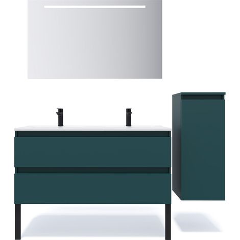 Meuble de salle de bain suspendu double vasque intégrée 120cm 2 tiroirs Bleu + miroir + colonne ouverture droite - Hudson (1/5)
