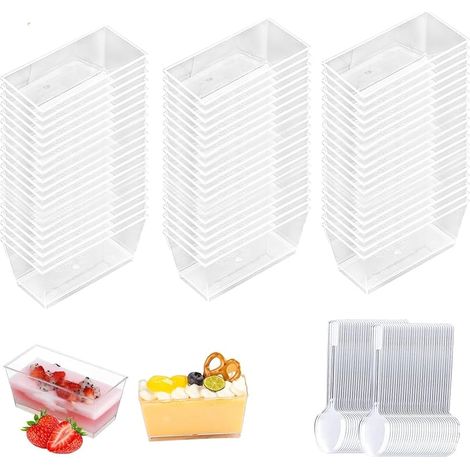 50 Pièces Coupe en Plastique, avec Cuillère, Desserts et Apéritifs Rectangulaires, Bol de Service Réutilisable pour Pudding Mousse Party (140ml) (1/5)