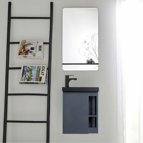 Mob-In – Ensemble lave-mains HAMPTON avec rangement latéral et miroir tablette noire – Dimensions 40x48x22,5 cm – Vasque en résine synthétique