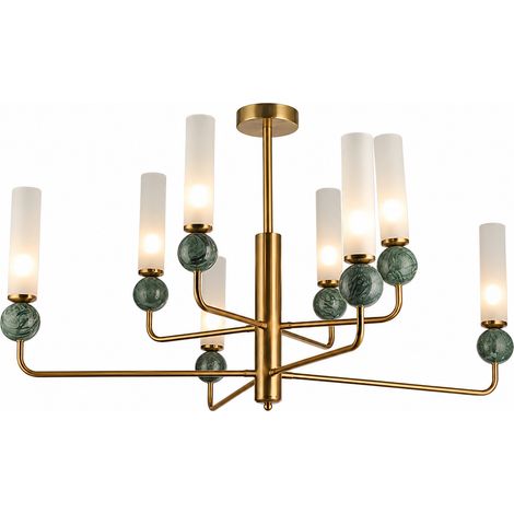 Plafonnier moderne 8 lumières, lustre design métal et marbre, douille G9, 98cm, salon et lampe salle à manger
