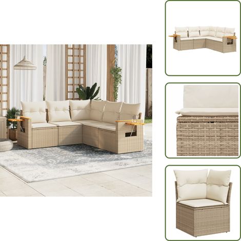 5-tlg. Garten-Sofagarnitur mit Kissen Beige Poly Rattan - Gartensofas - Gartenmöbelset - PE-Rattan Möbel - Outdoor Lounge Set - Balkonmöbel (1/5)