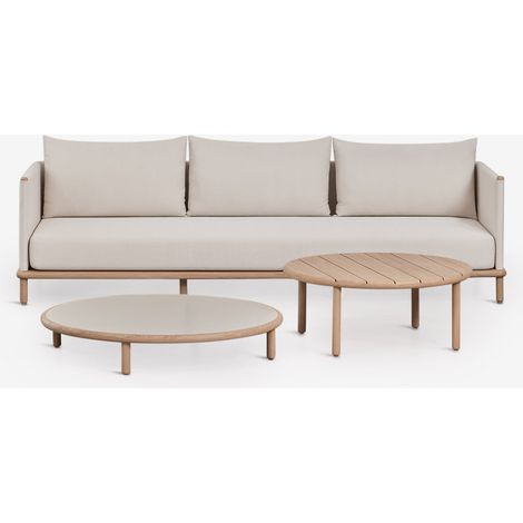 SKLUM Gartenset mit 3-Sitzer-Sofa und 2 runden Couchtischen aus Akazienholz Olivia Weiß Gardenia – Hellbraun Akazie             Helles Akazienbraun                     