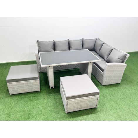 Fimous Outdoor Garden Furniture Sets 8 Seater Wicker Rattan Corner Sofa Sets with Rectangular Dining Table Lounge Sofa 2 Big Footstool Light Grey (1/4)