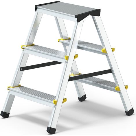 Monmobilierdesign – Escabeau double pliable en aluminium 3 marches – Marches antidérapantes – Poids maximum 150 kg – Pour espaces confinés