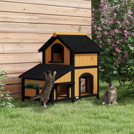 CHICFURN Casa para gatos exterior 96 x 65 x 85,5 cm madera amarilla, 2 niveles, jardinera