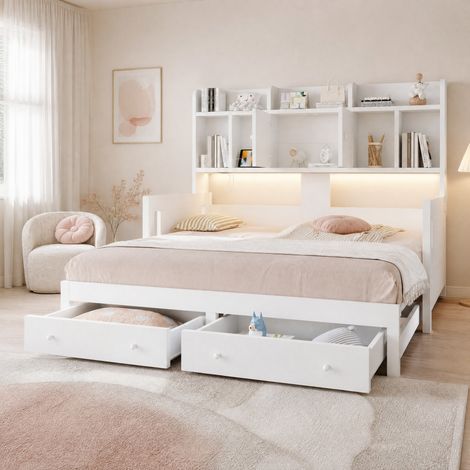 Sofá cama extensible 90 x 190 cm con almacenaje, enchufe y LED, blanco/gris HAVRYA (1/5)