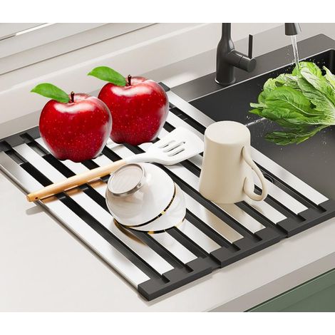 Collapsible stainless steel dish drainer with non-slip silicone edges, ideal for the kitchen, 42 cm (1/5)