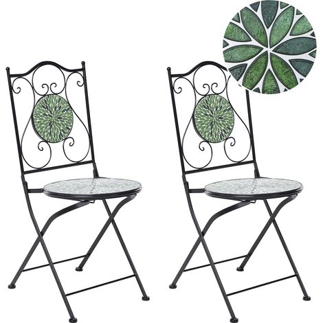 Set da giardino in metallo 2 sedie in stile ferro battuto pieghevoli con piastrelle in mosaico ceramica nero Civate