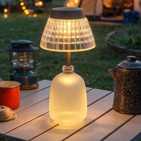 Solarleuchte Tischlampe Tischleuchte Gartenlampe Akku Glas satiniert LED H 27 cm