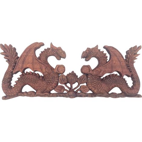 Panel de Madera Tallada - Dos Dragones Frente a Frente - 40x15cm