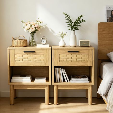 Set di comodini – Set di 2 comodini in rattan – 1 cassetto – Ripiano – 1 cassetto – Legno chiaro (1/5)