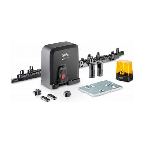 Sommer – Motorisation 24 V pour portail coulissant – Kit 300 kg avec crémaillères 4 m et cellules S13494-00001 – Feu LED 24 V (1/4)