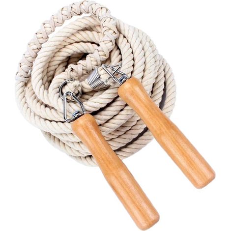 Corde à sauter blanche en coton avec poignée en bois de 3 m, idéale pour les élèves et leurs entraînements. (1/5)