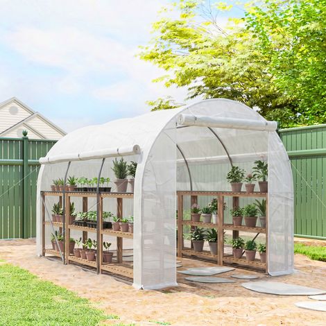 Serre de Jardin 6m² (3x2m) - 1 Porte + 2 Parois Latérales Zippées, 6 Fenêtres, Blanc