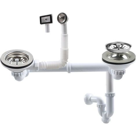 Garniture de vidange double avec trop-plein, diamètre 114 mm, blanc, ensemble complet pour évier de cuisine, convient pour éviers avec une ouverture de 83–90 mm Z7008C029 (passage mural pour