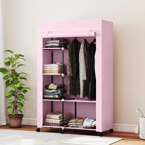 Armadio in tessuto con ruote, guardaroba portatile con 6 ripiani e 1 asta appendiabiti per camera da letto, 103x43x162,5 cm, rosa