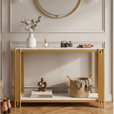 Mesa consola (123.5x33.5x80 cm), con 2 baldas, efecto mármol, estructura metálica dorada, MDF y metal, blanco y dorado (1/5)