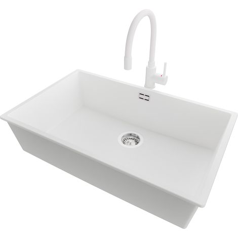 PRIMAGRAN Evier Sous Plan 76x47cm,Evier en Granit 1 bac + Robinet 38x14cm + Kit de Vidage, Évier au meuble 80cm - London, Blanc (1/5)