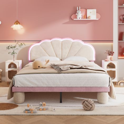 Einzelbett 140x200 cm – geschwungenes Kopfteil – mit mehrfarbigem, variablem LED-Lichtband – abgerundete Beine – Samtbezug – Lattenrost – geeignet für Kinder und Jugendliche – Rosa