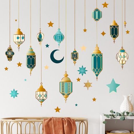 Adesivo murale retrò con lampadario blu, ideale per camera da letto e studio, decorazione murale. (1/4)