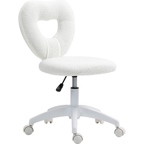 Schreibtischstuhl Bürostuhl Drehbar Homeoffice Stuhl mit Herzförmige Rückenlehne, ohne Armlehne Höhenverstellbarer Teddy-Fleece Schminktisch Stuhl für Arbeitszimmer, Weiß Aosom (1/5)
