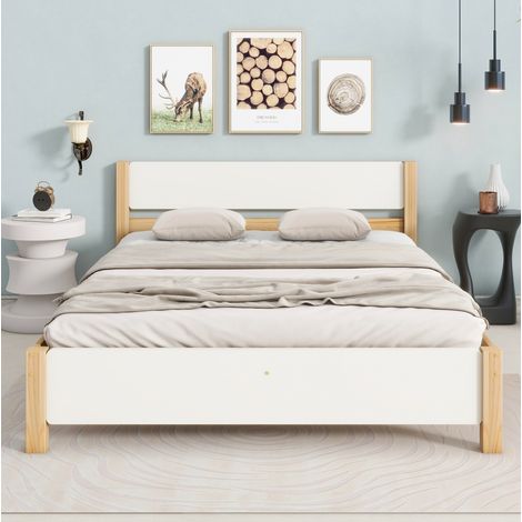 Lit double style intemporel 140x200 cm, bois massif et MDF, blanc et naturel, avec tête et pied de lit, sommier 15 lattes (1/5)